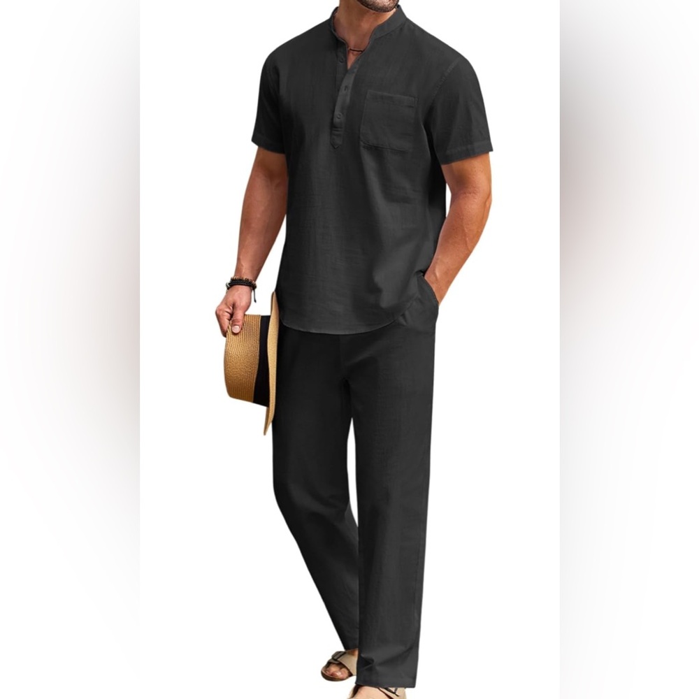 COOFANDY Men's 2 Pieces Cotton Linen Set Casual Short Sleeve Henley